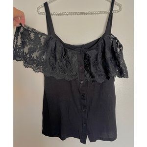 Flirty Cold Shoulder Lace Black Top Blouse L
